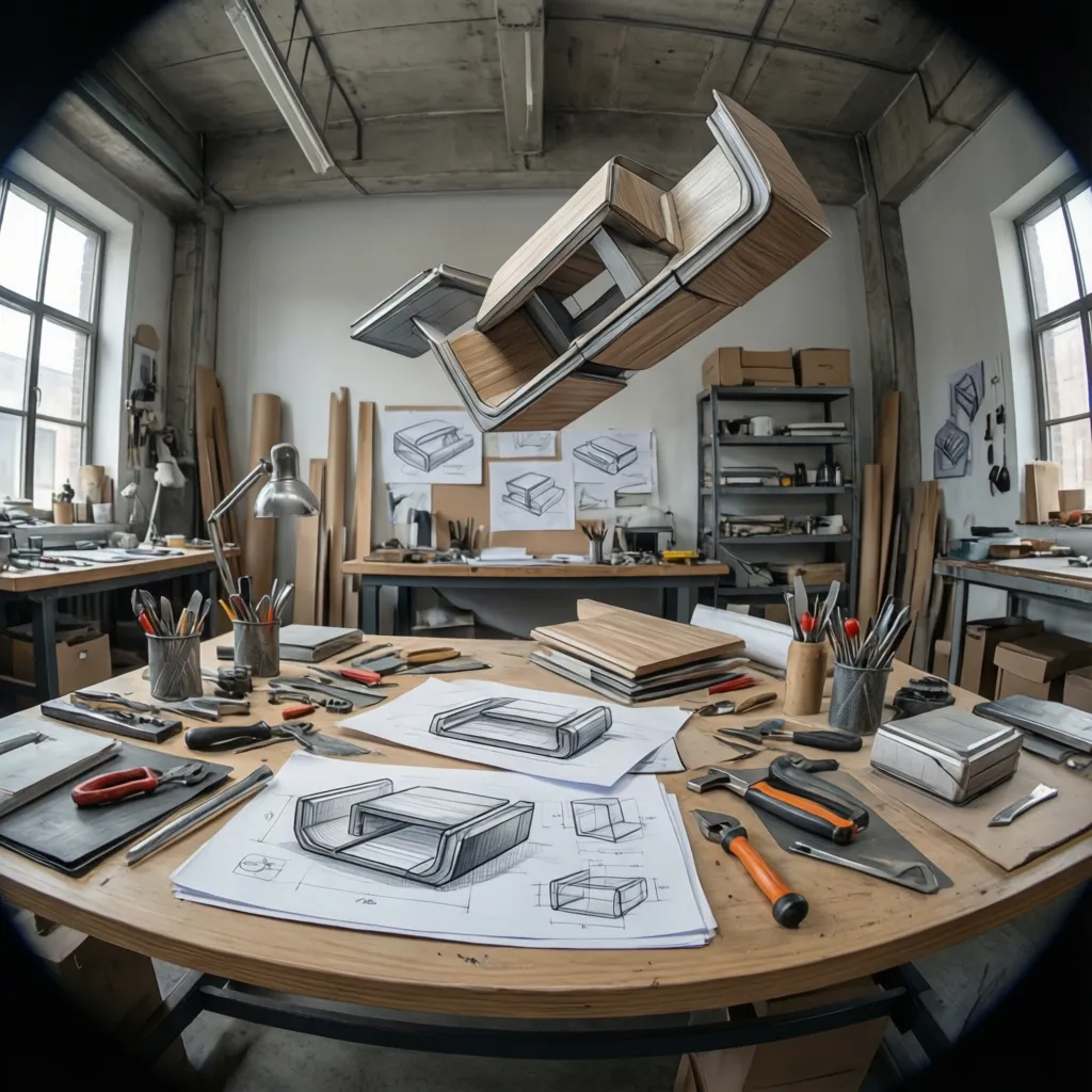 Prototipos de productos y bocetos industriales en mesa de diseño