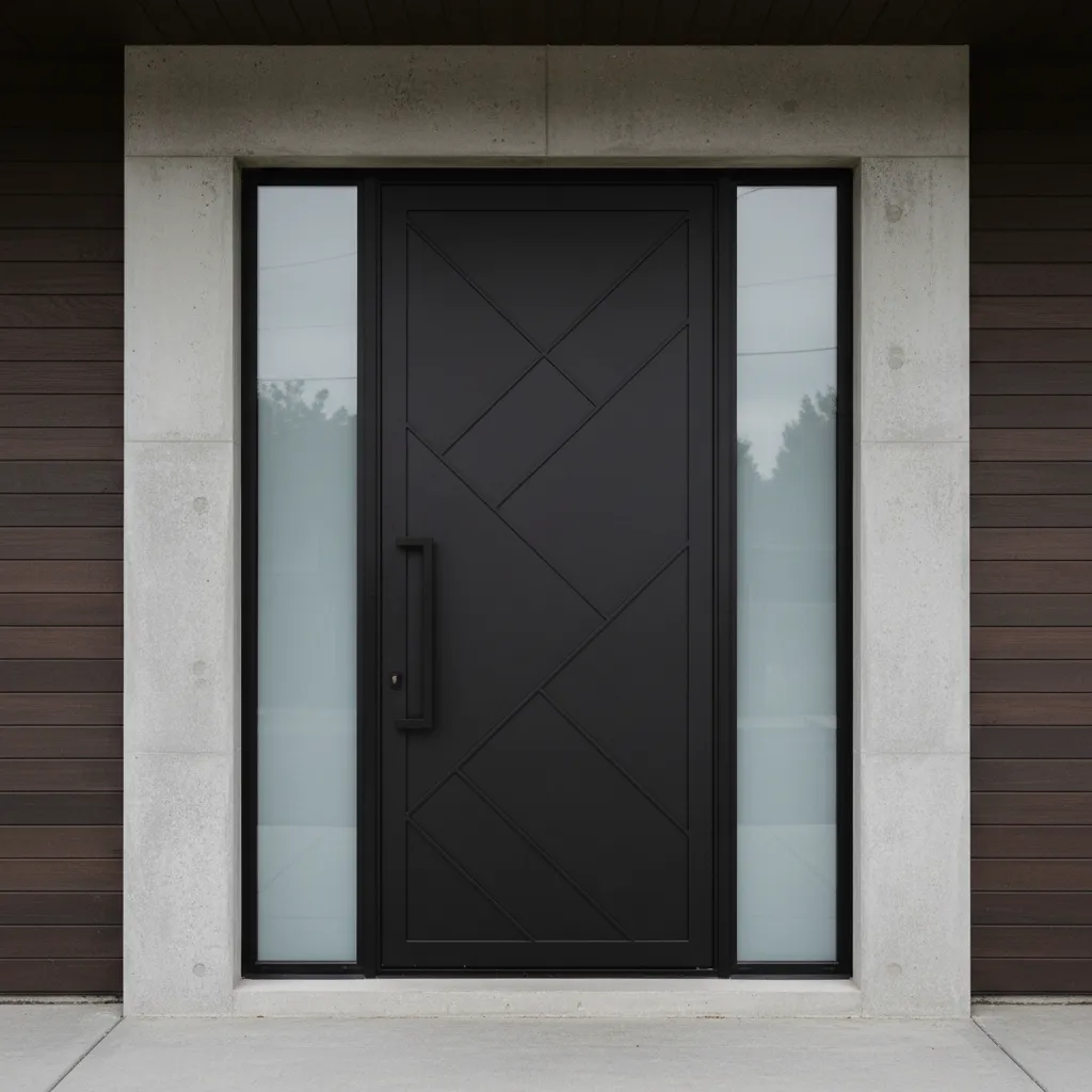 Modern black front door with geometric lines two side windows and a grey concrete frame