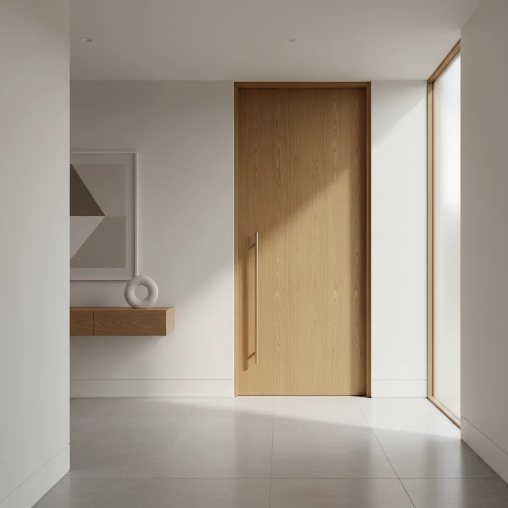 Modern home entrance featuring a large wooden door, small cabinet, round vase, and natural light