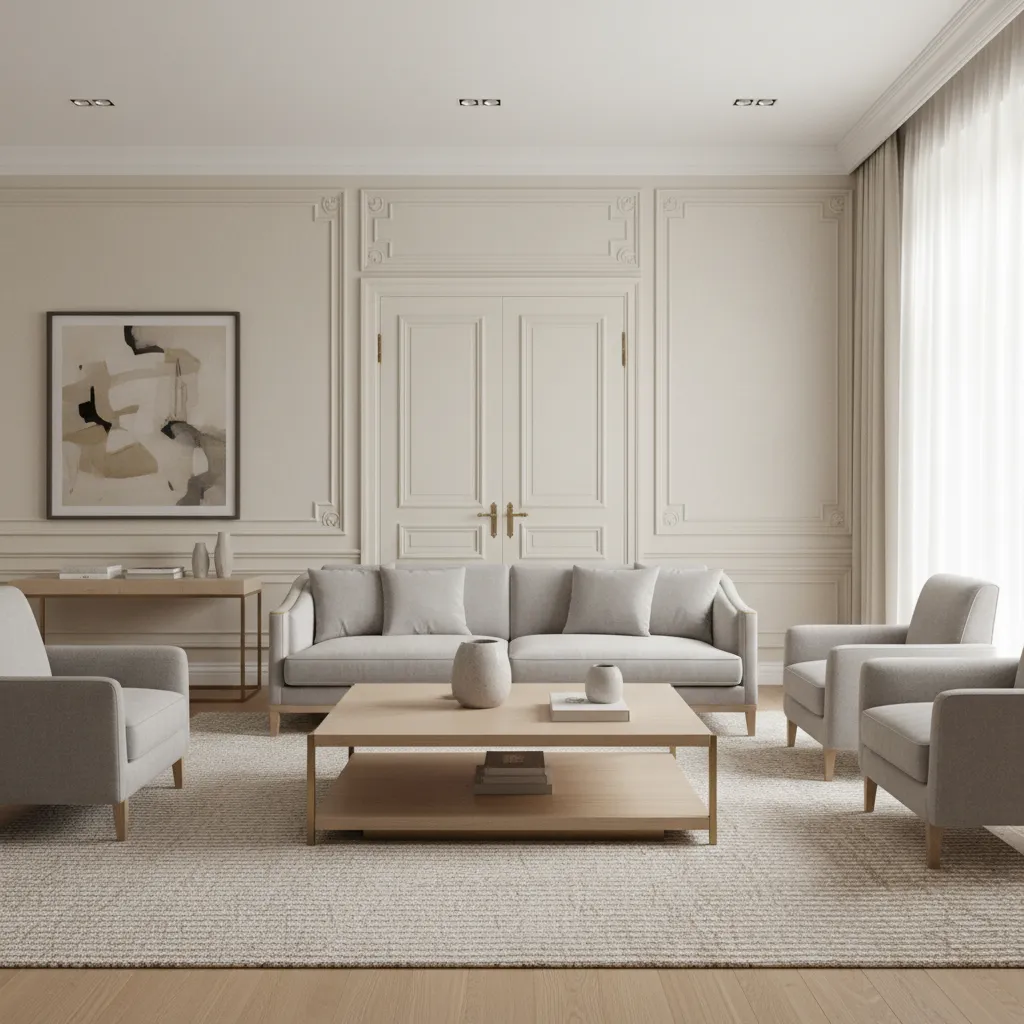 Puertas interiores con molduras integradas en un diseño de salón elegante