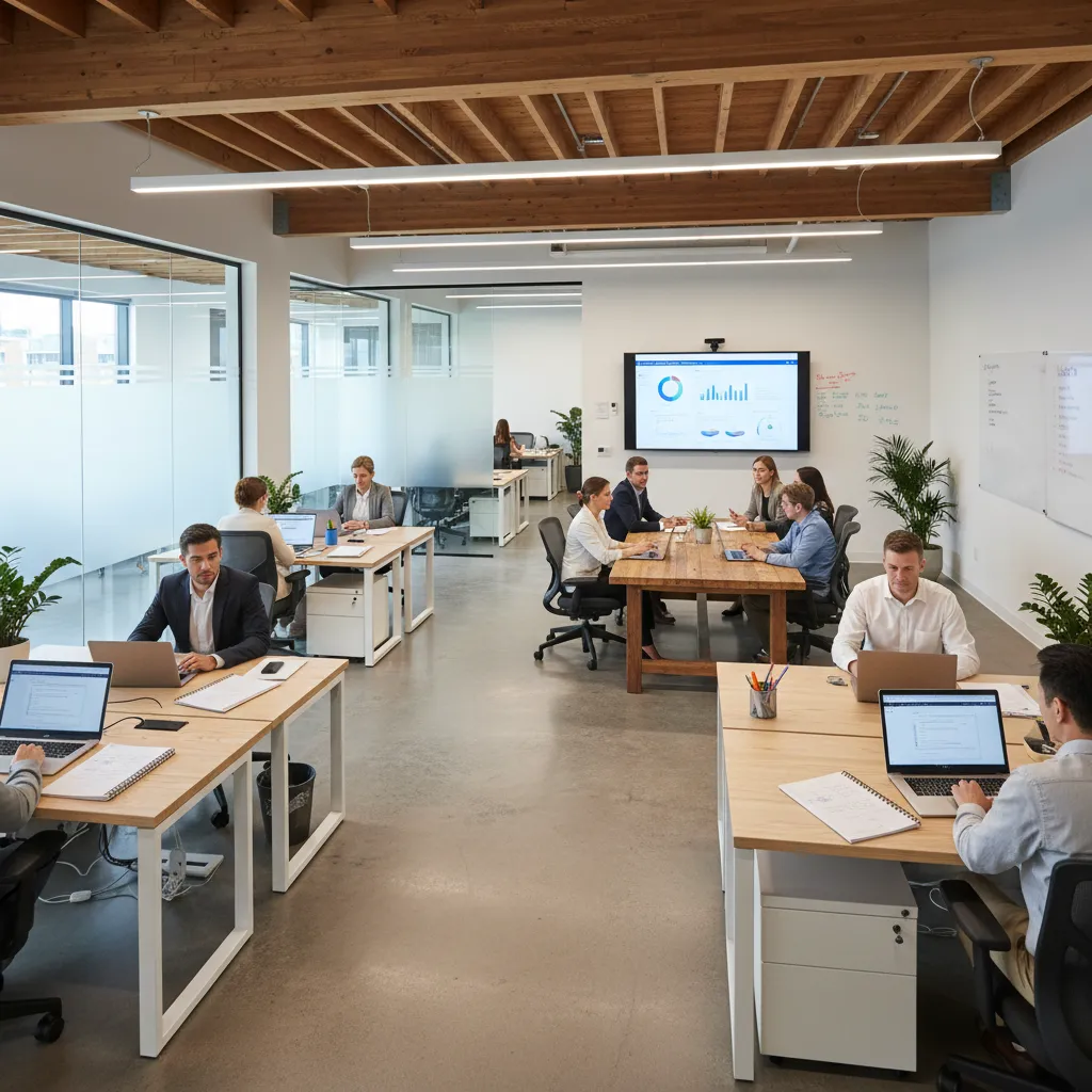 Bright modern office with wooden desks people working on laptops and a large wall screen