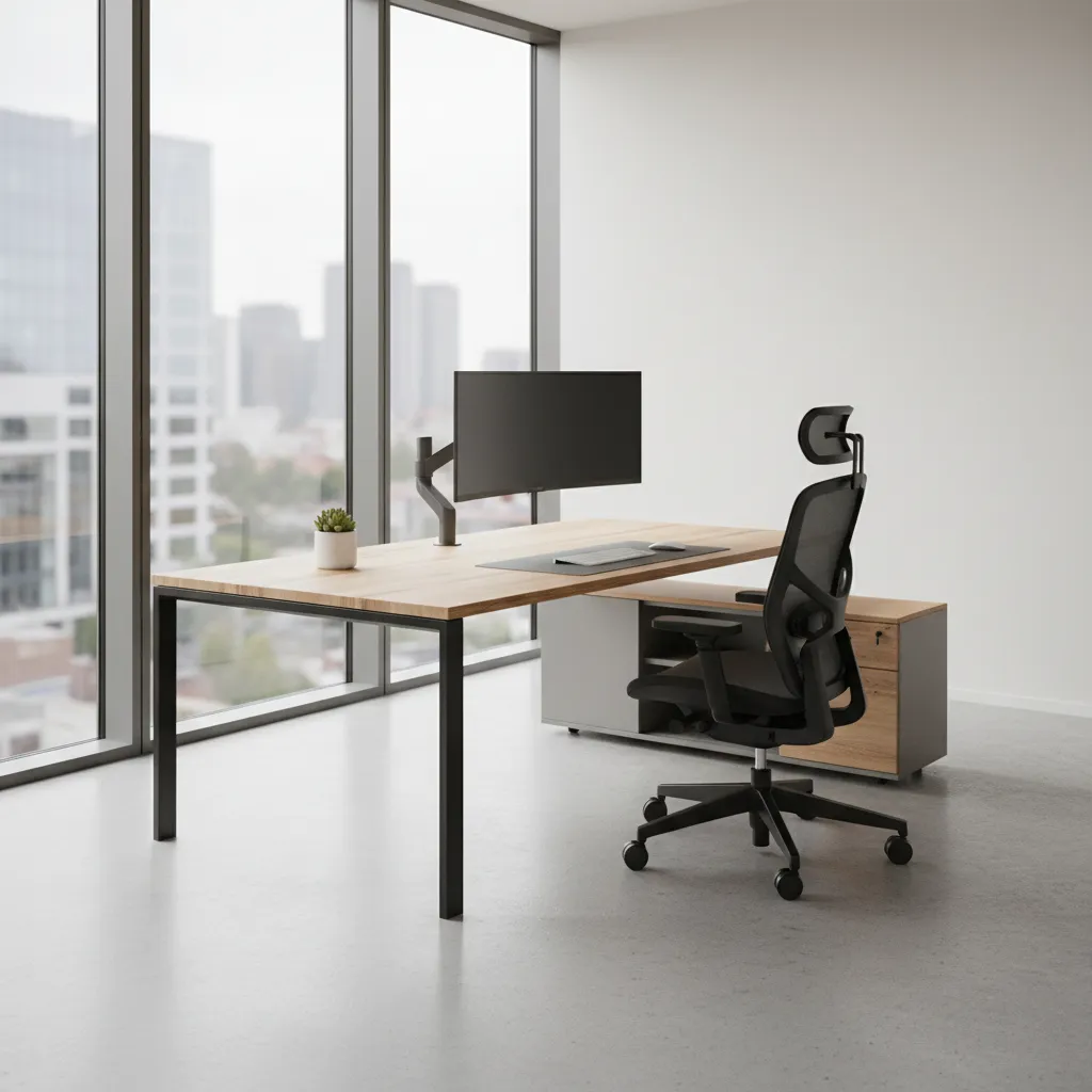 Large wooden office desk with black chair, side cabinet, monitor, and floor to ceiling windows