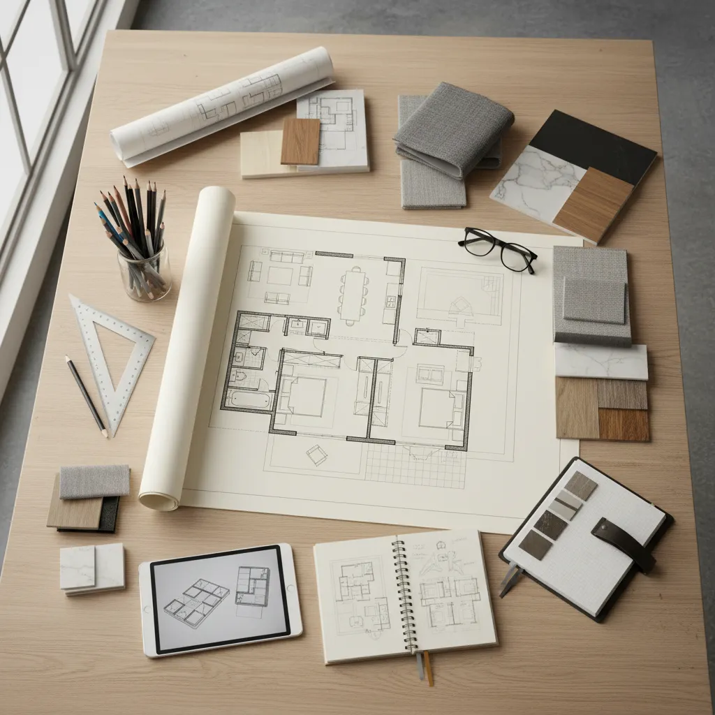 Plano arquitectónico de una vivienda con herramientas de diseño sobre la mesa