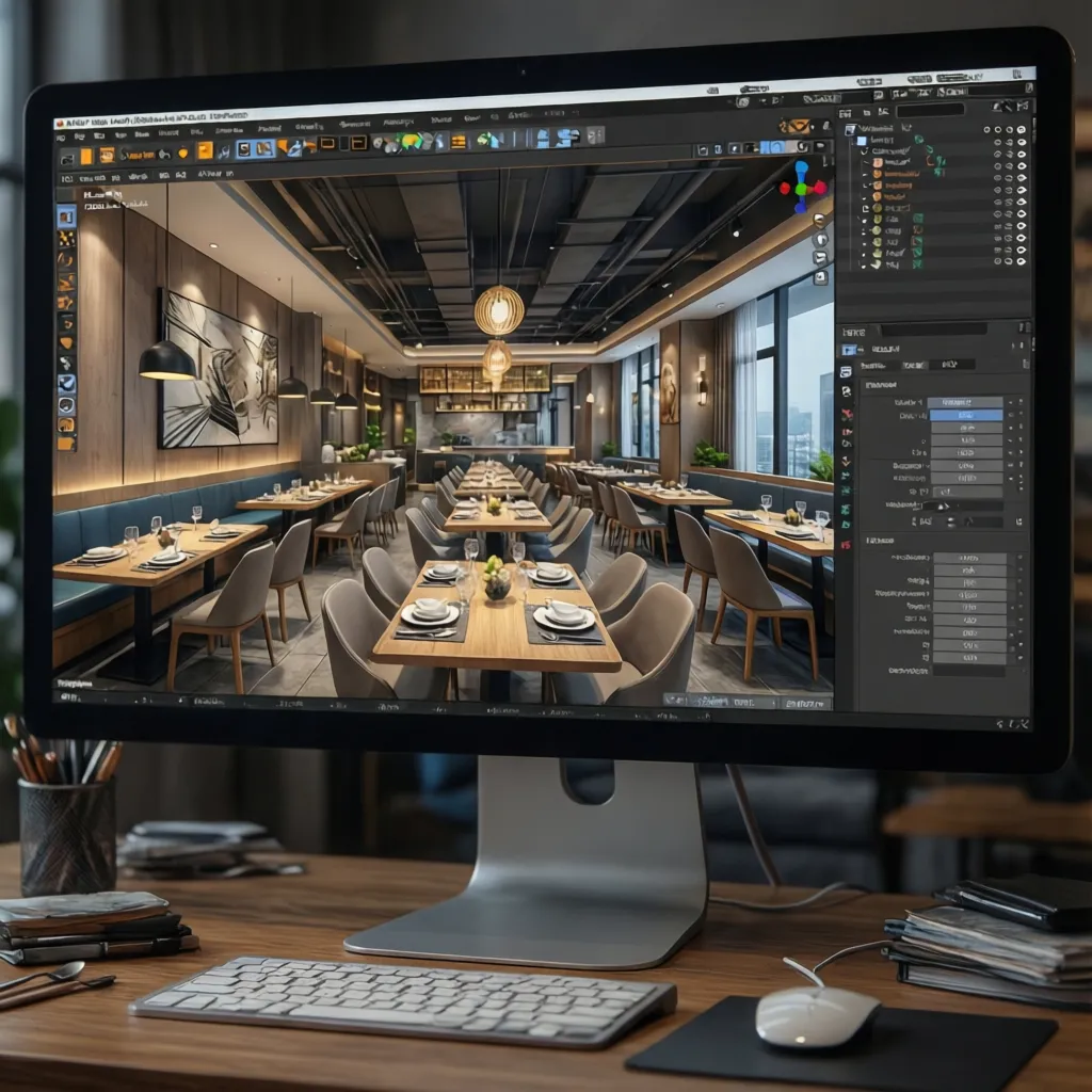 Modelo 3D de restaurante en software de diseño interior