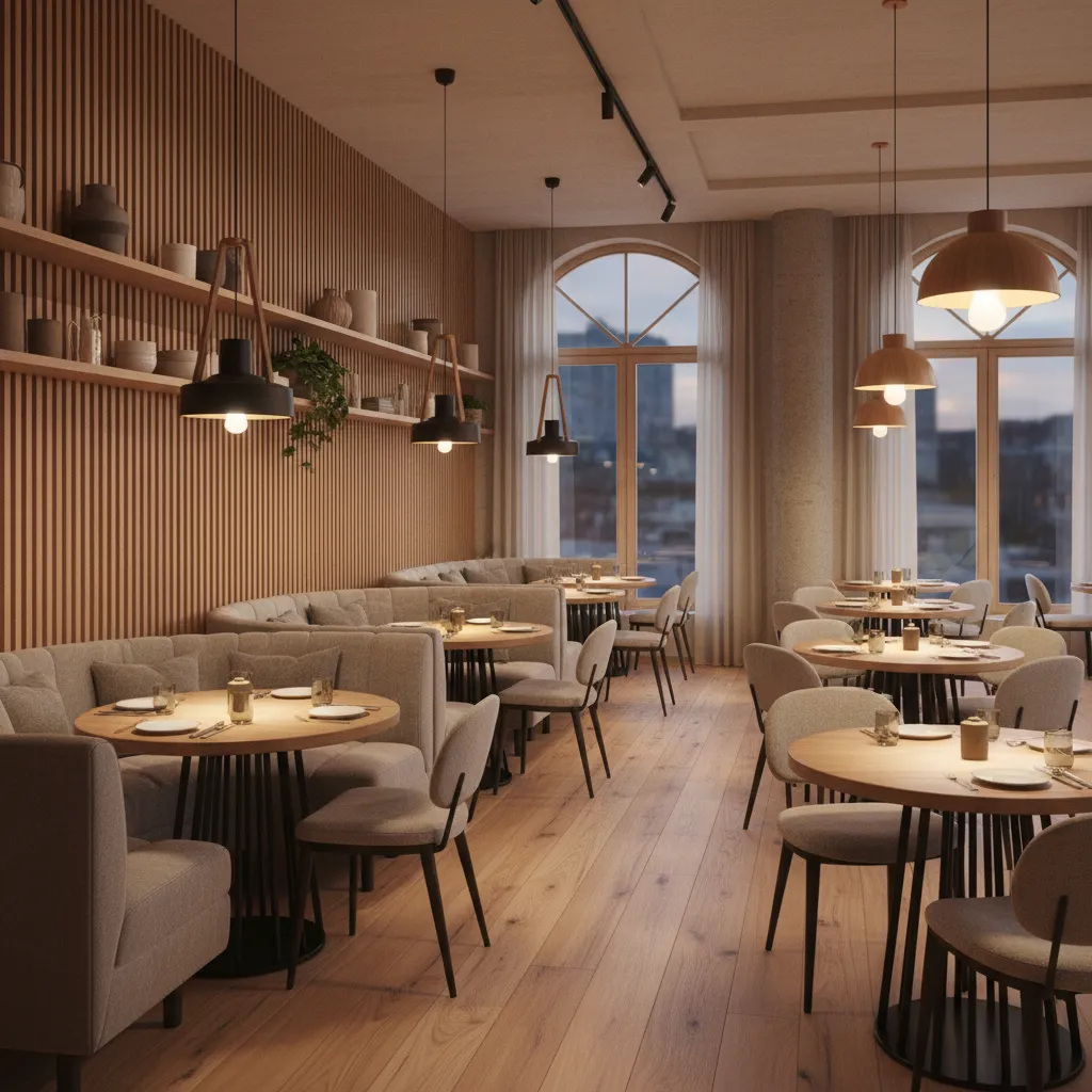 Diseño interior de restaurante moderno con iluminación ambiental