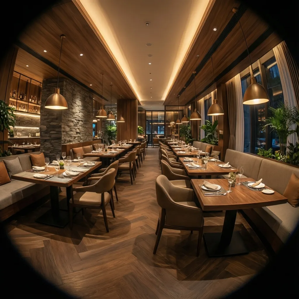 Interior de restaurante moderno con diseño cálido y mobiliario personalizado
