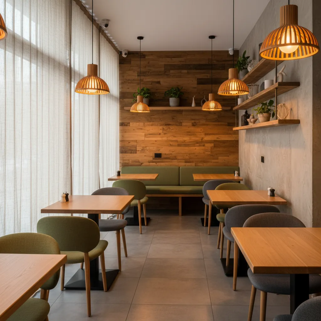 Modern cafe interior with wooden wall panels, wooden tables, green chairs and hanging wooden lights