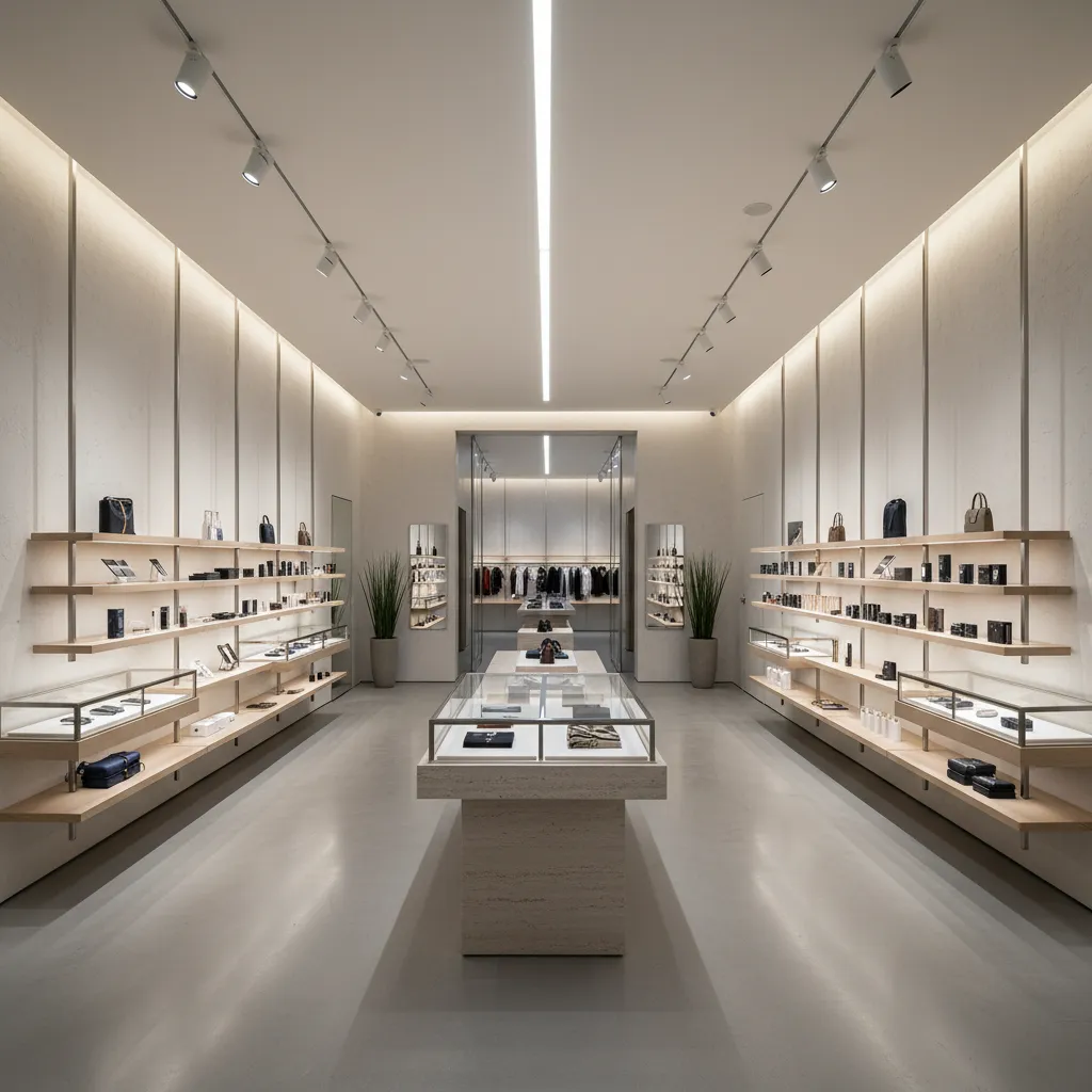 Interior de tienda moderna con iluminación de diseño y exposición de productos