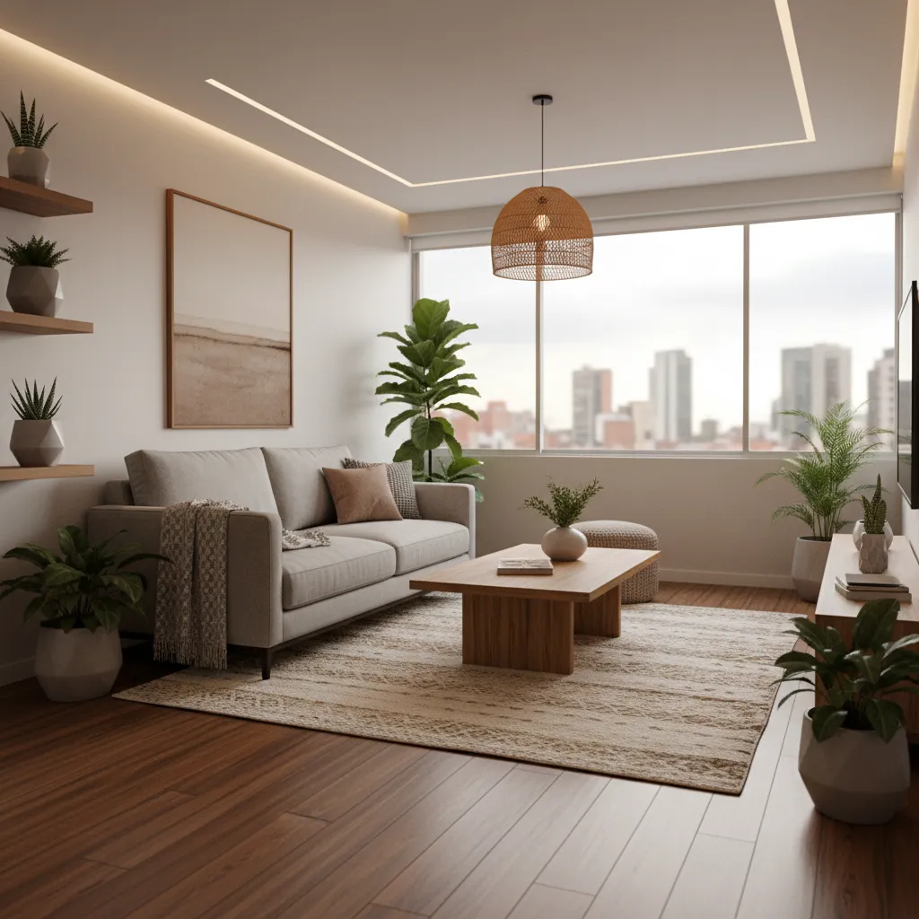 Modern living room with grey sofa wooden coffee table plants large windows and urban city view