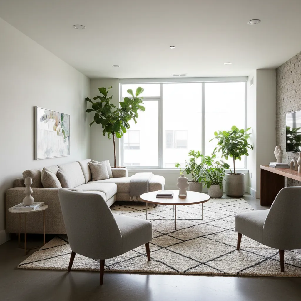 Sala de apartamento moderno bien distribuida con sofá, mesa de centro y luz natural