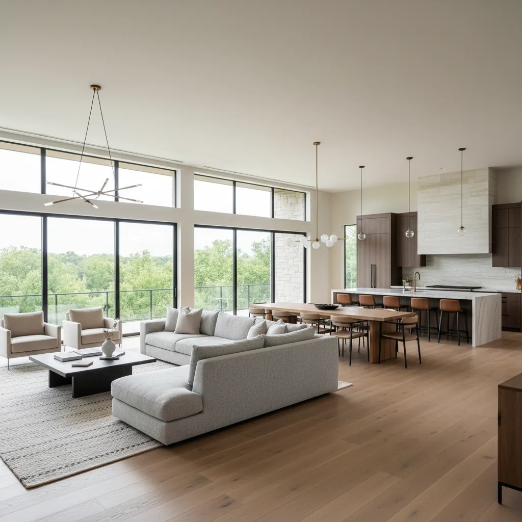 Spacious living room with grey sofa wooden dining table modern kitchen ceiling light and trees
