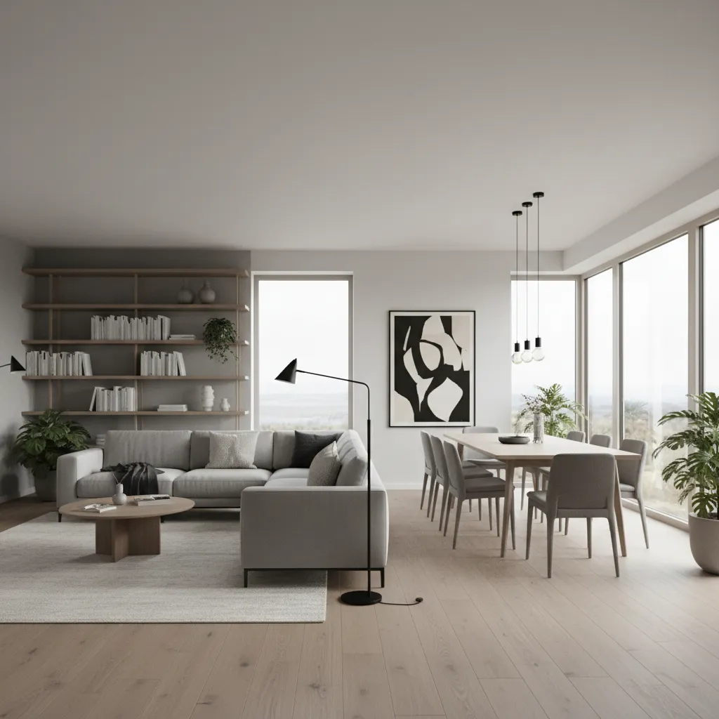 Minimalist living room with grey sofa, wooden dining table, large windows, bookshelf, and wood flooring