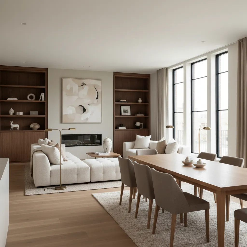 Modern open living room with white sofa wooden dining table dark bookshelves and large windows
