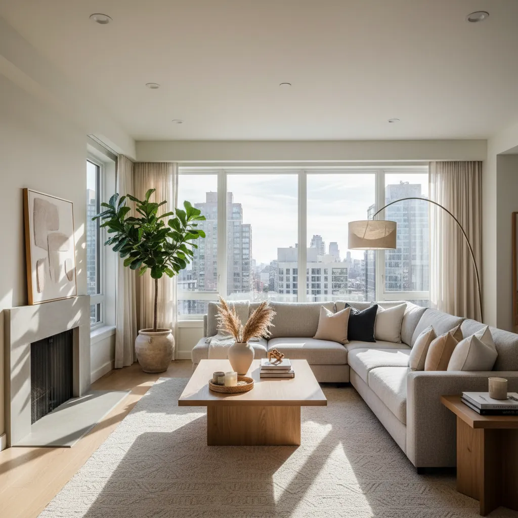 Bright living room with grey corner sofa wooden coffee table floor lamp and city view