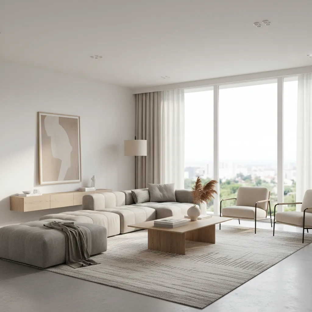Render 3D de una sala moderna diseñada por interiorista
