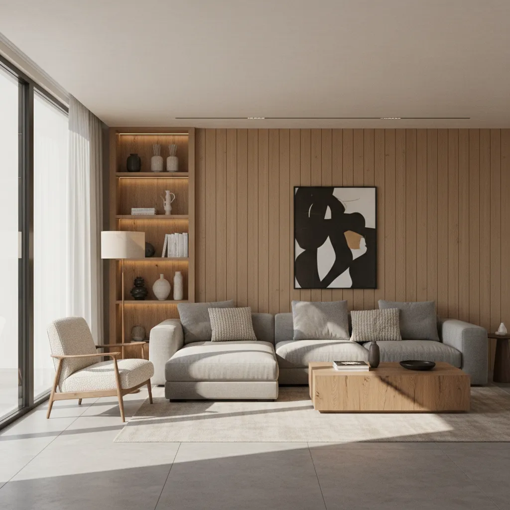 Render 3D de una sala moderna antes de ejecutar el proyecto de diseño interior