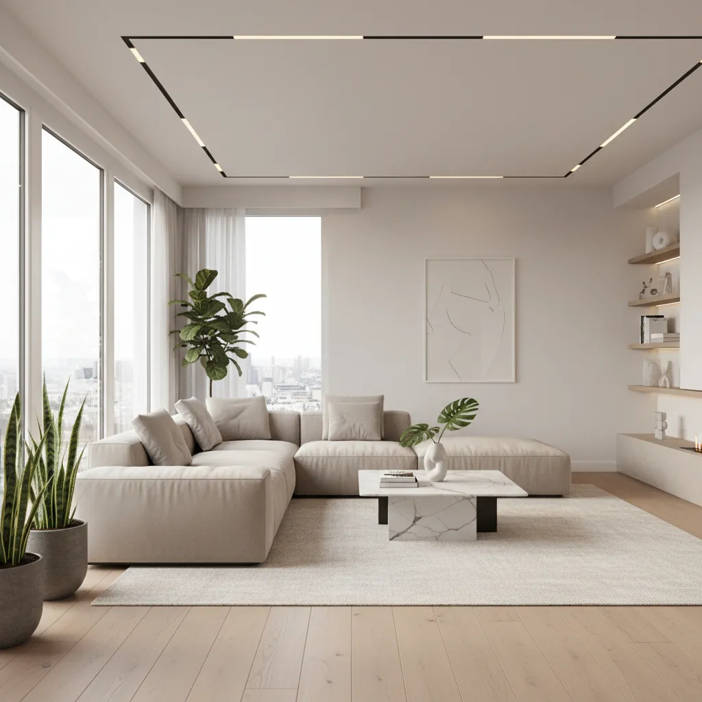 Render 3D de salón moderno diseñado digitalmente