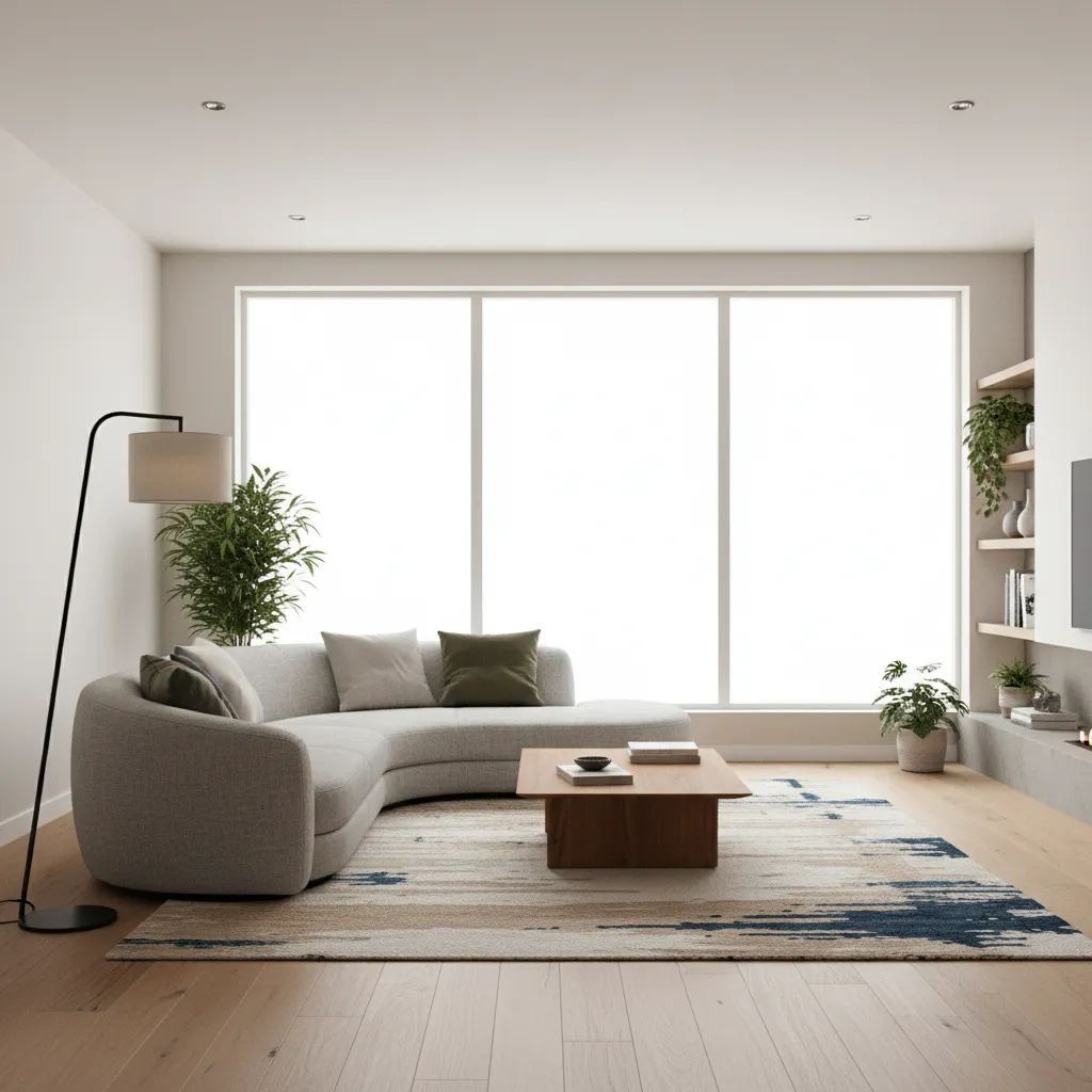 Visualización 3D de un salón moderno con sofá mesa y lámparas