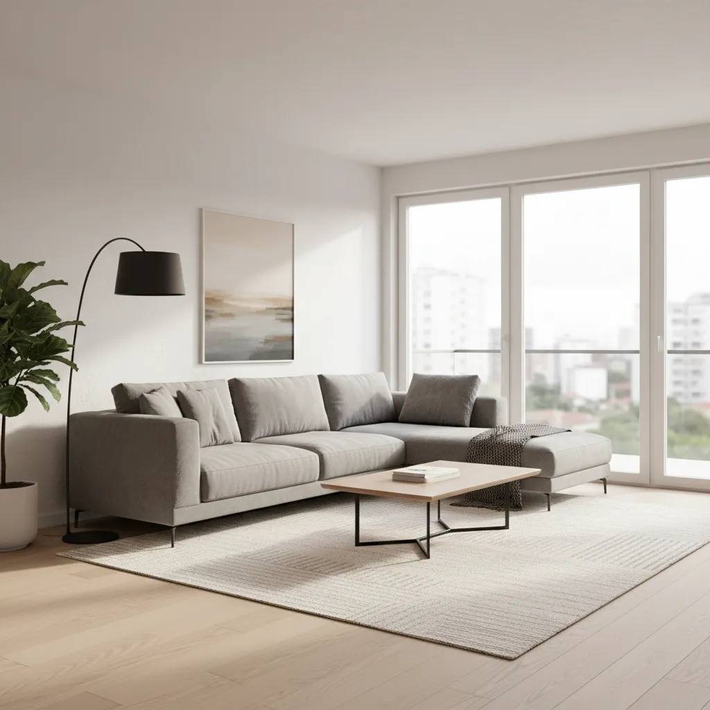 Modelo 3D de un salón con sofá, mesa y decoración