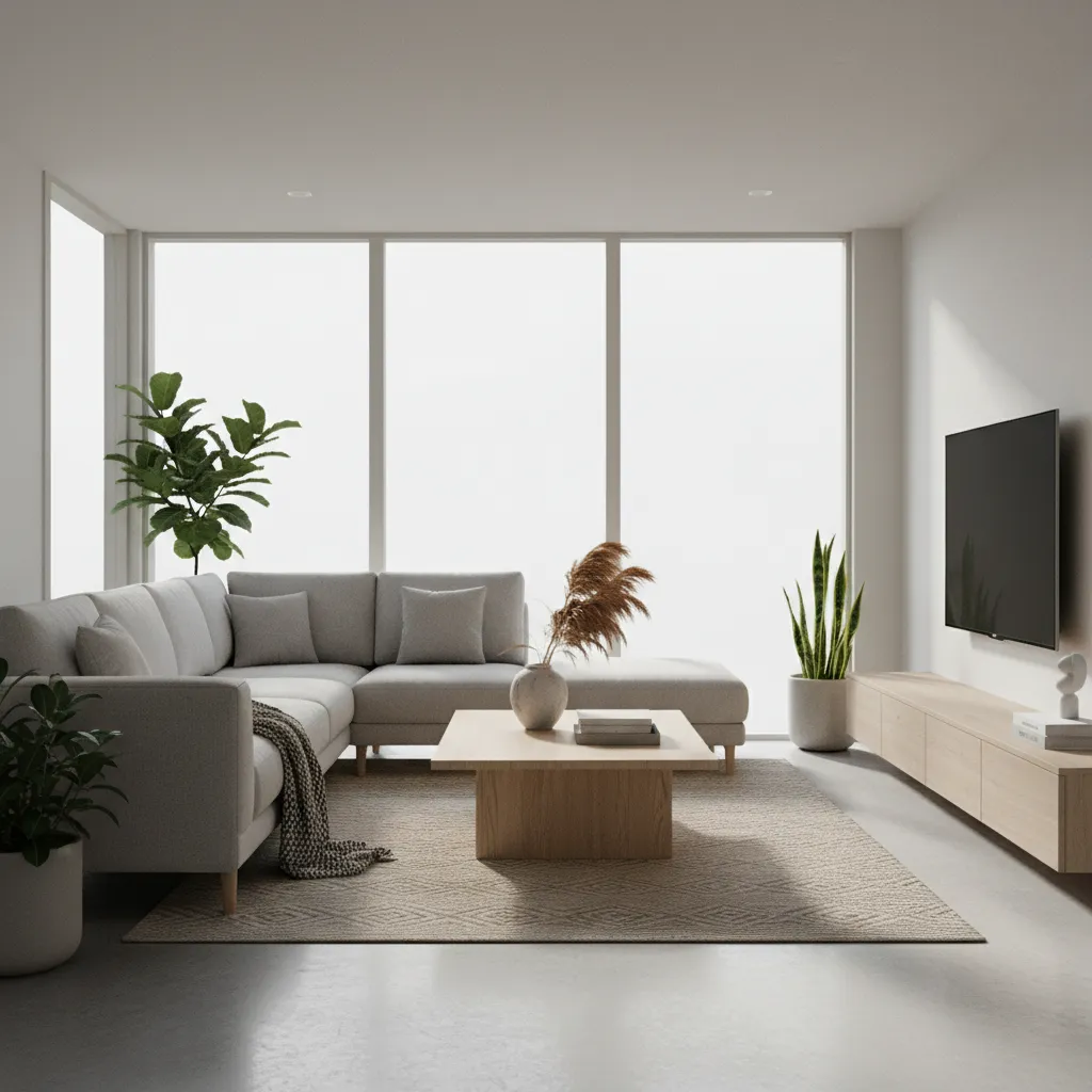 Render 3D de un salón moderno generado desde software de diseño interior