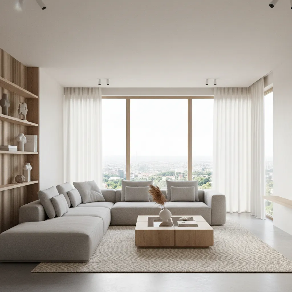 Visualización 3D realista de sala de estar moderna diseñada digitalmente