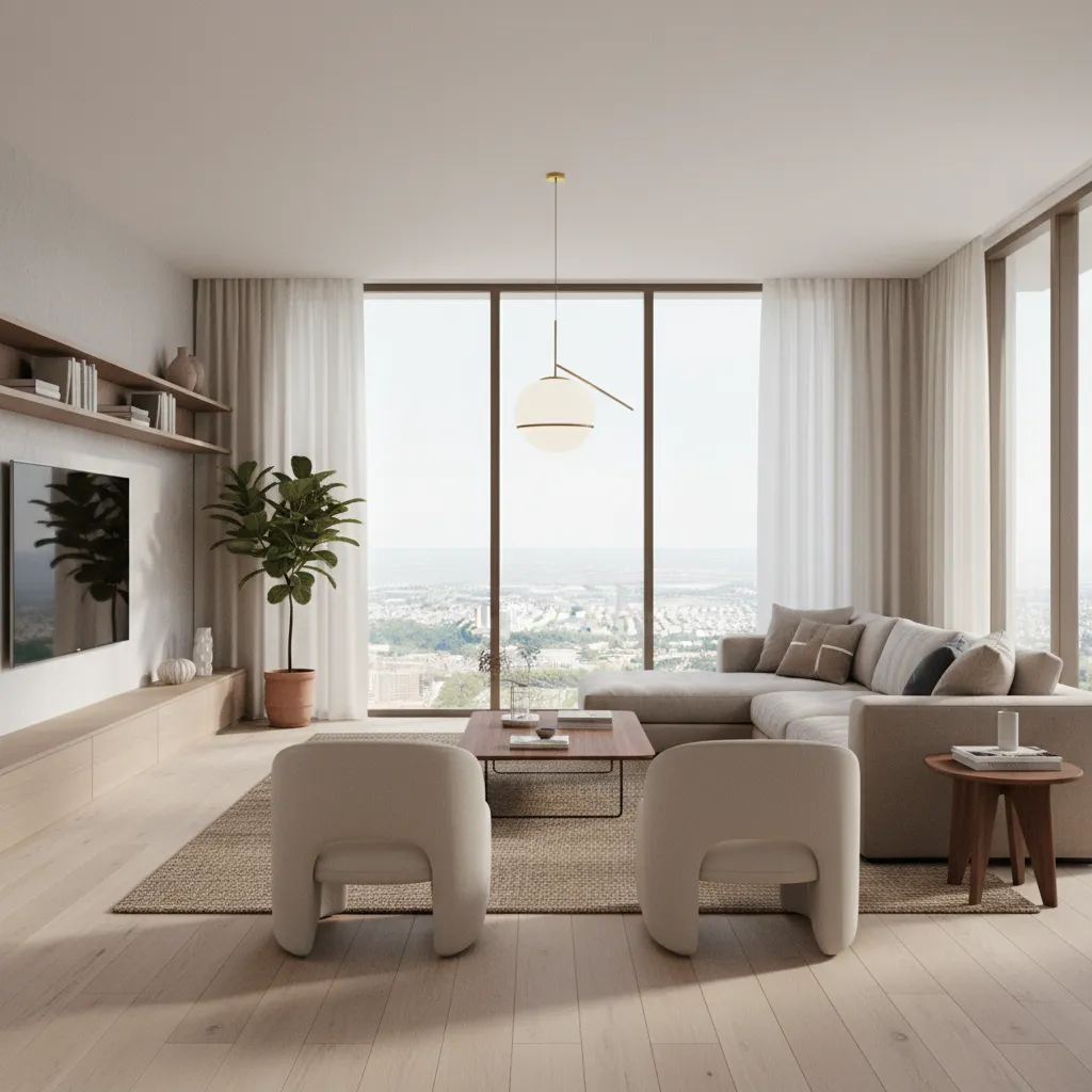 Bright living room with beige sofa large window city view plant and hanging ceiling light