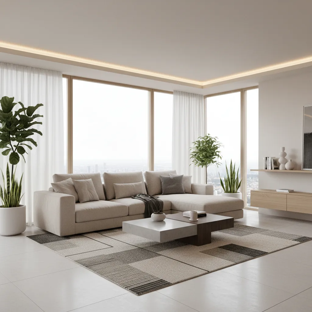 Visualización 3D de un salón moderno generado con software de diseño interior