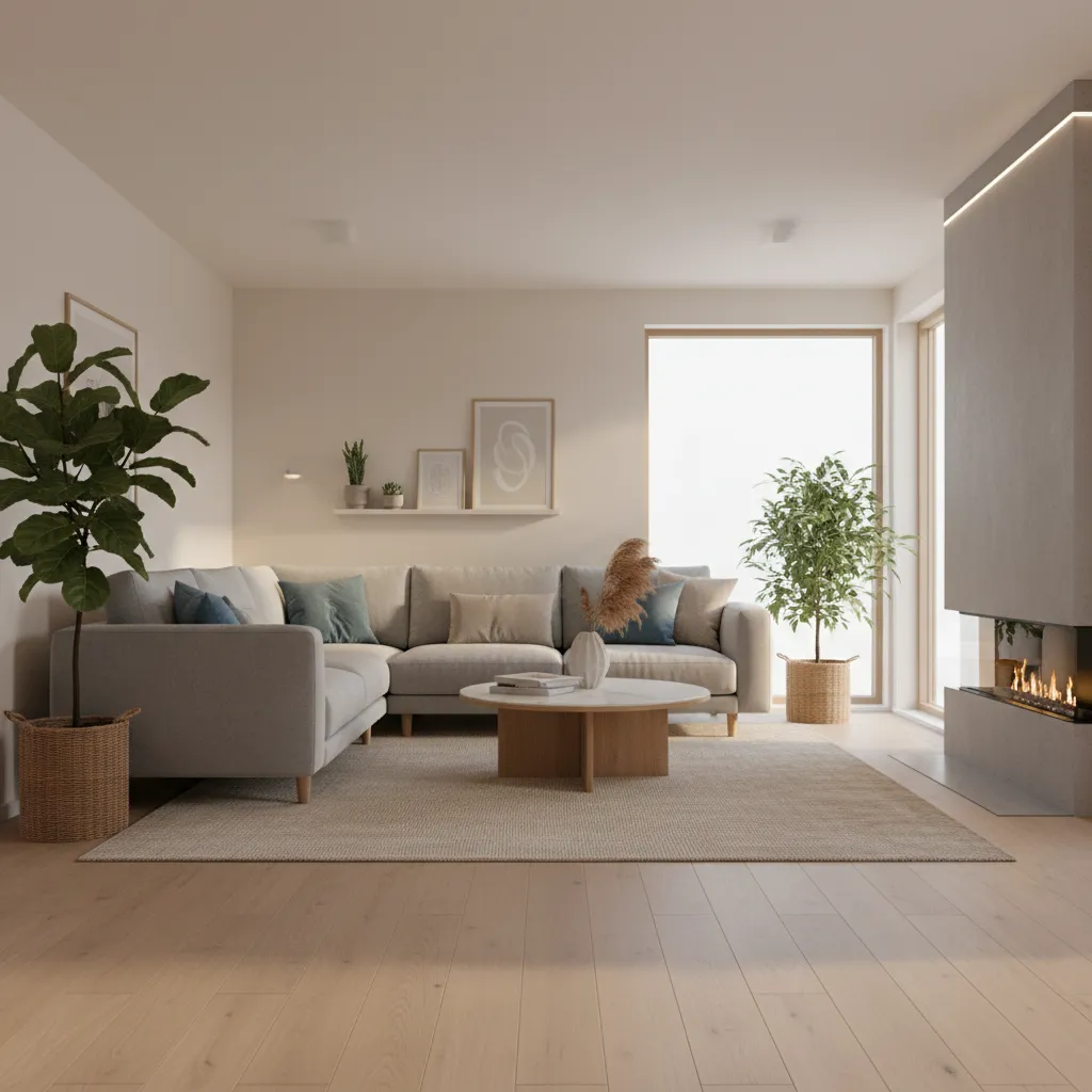 Visualización 3D de un salón moderno creada con una app de diseño
