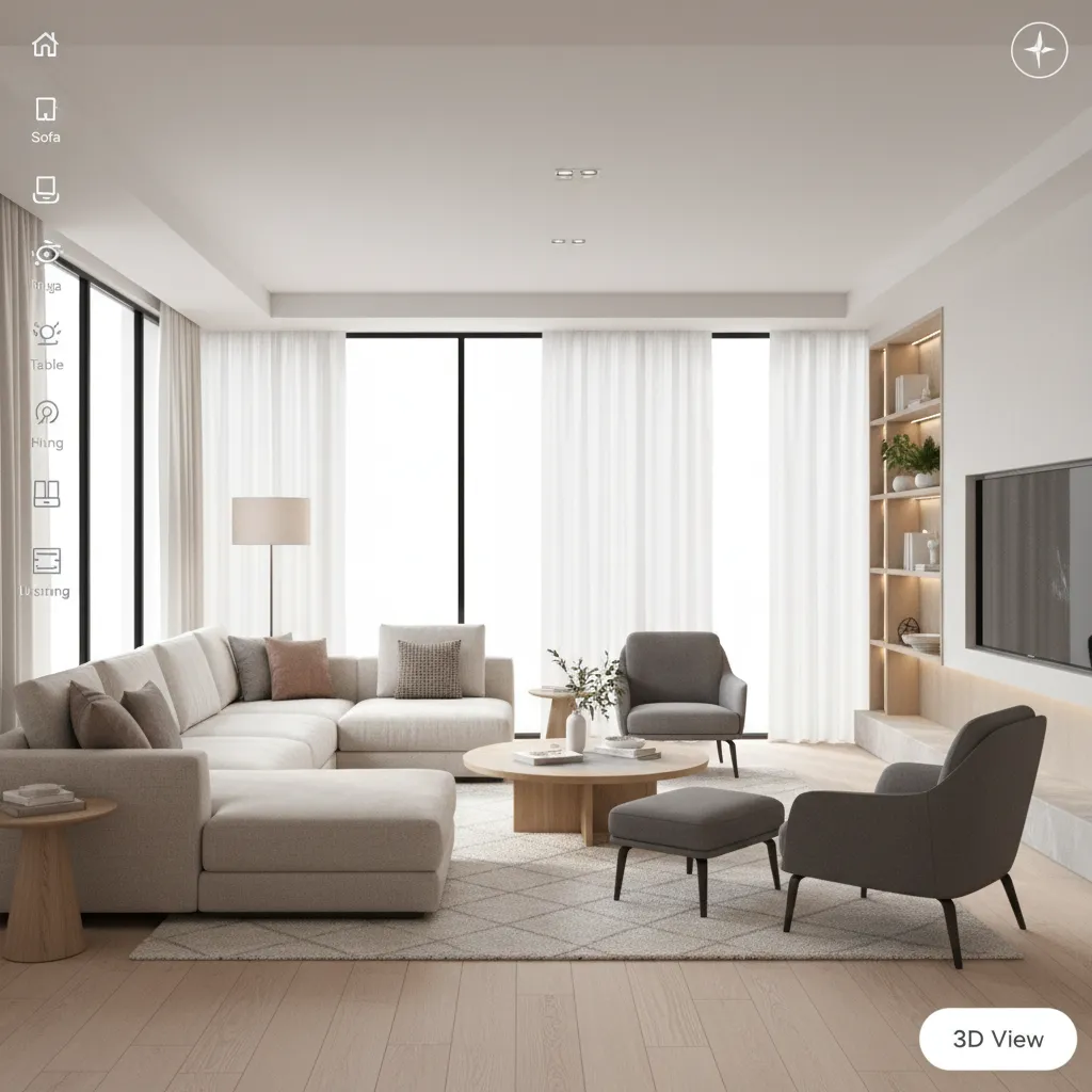 Diseño de salón moderno creado en una aplicación de diseño de interiores