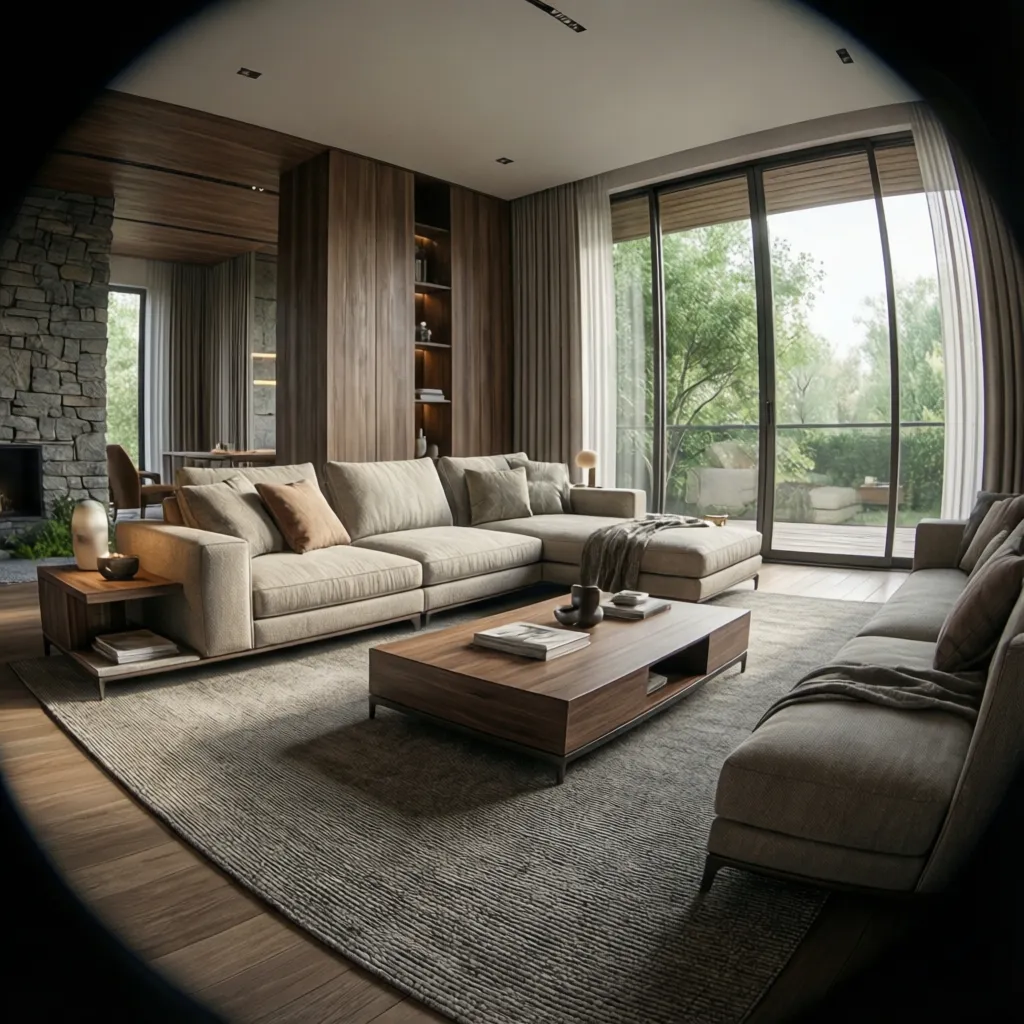 Modern living room with grey sofas wooden coffee table large windows and warm wood wall panels