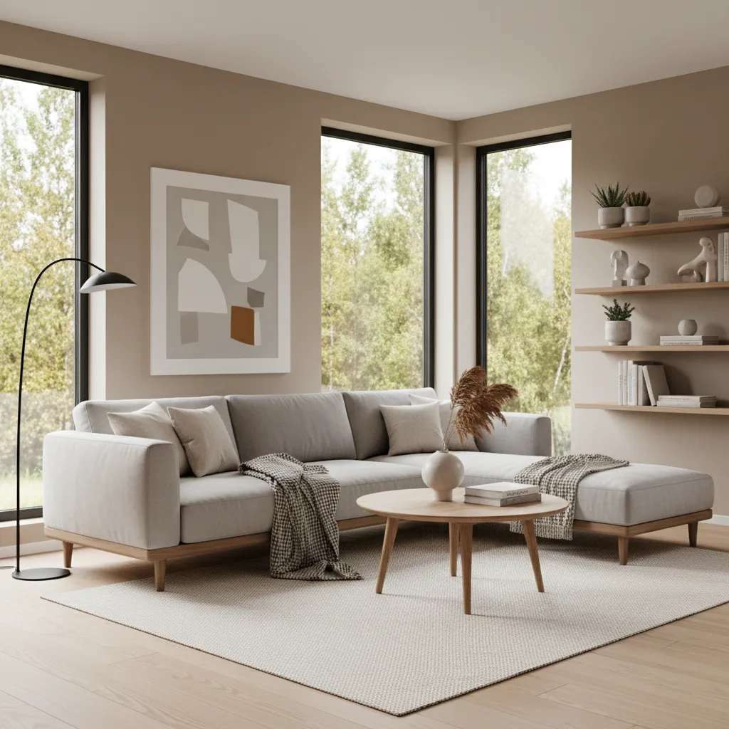 Render 3D de un salón moderno con iluminación natural