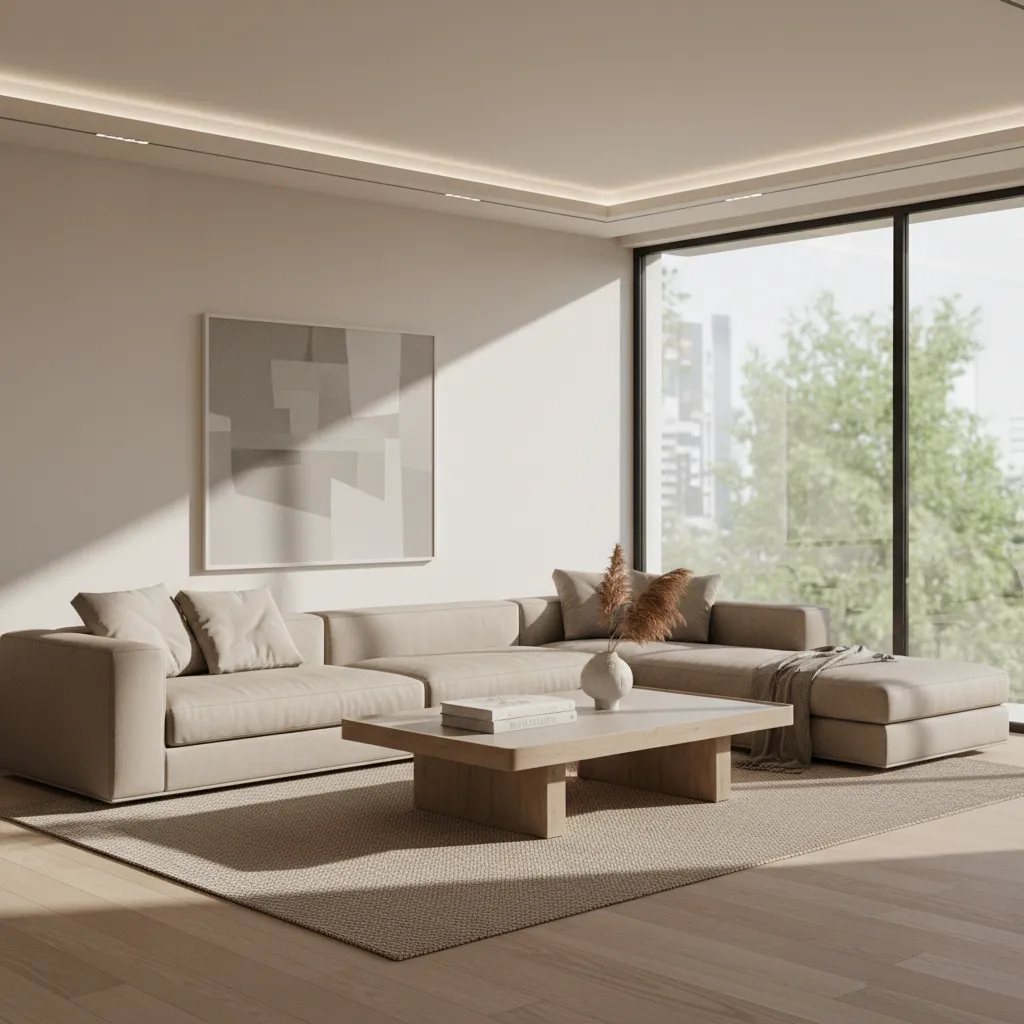 Visualización 3D de un salón moderno utilizada para presentar un proyecto de interiorismo