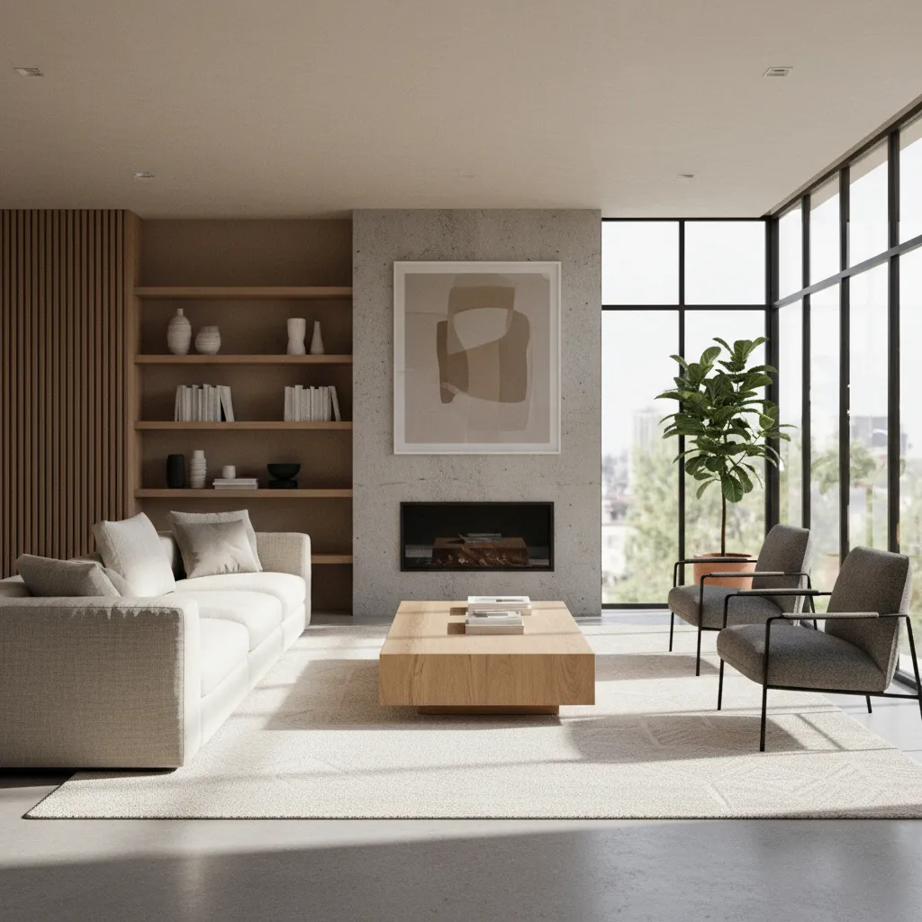 Diseño 3D de salón moderno creado en una app de interiorismo