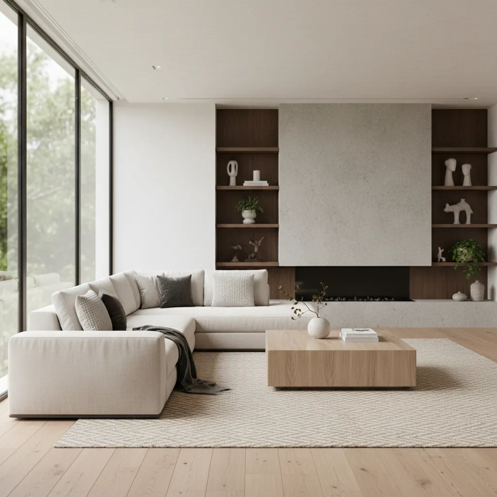 Diseño 3D de un salón moderno con sofá, mesa y distribución equilibrada