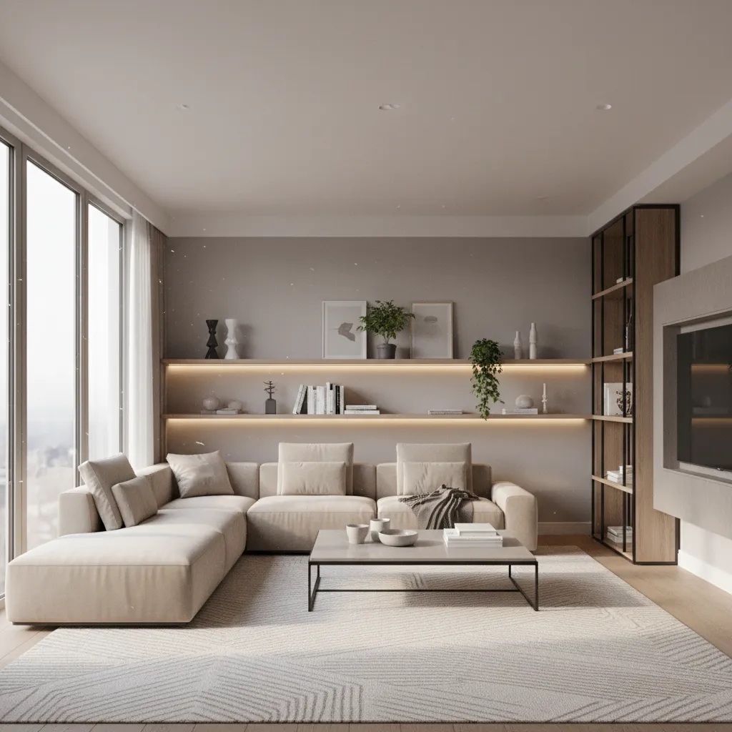 Modern living room featuring a beige sofa, open wall shelves, rug, windows, and large TV