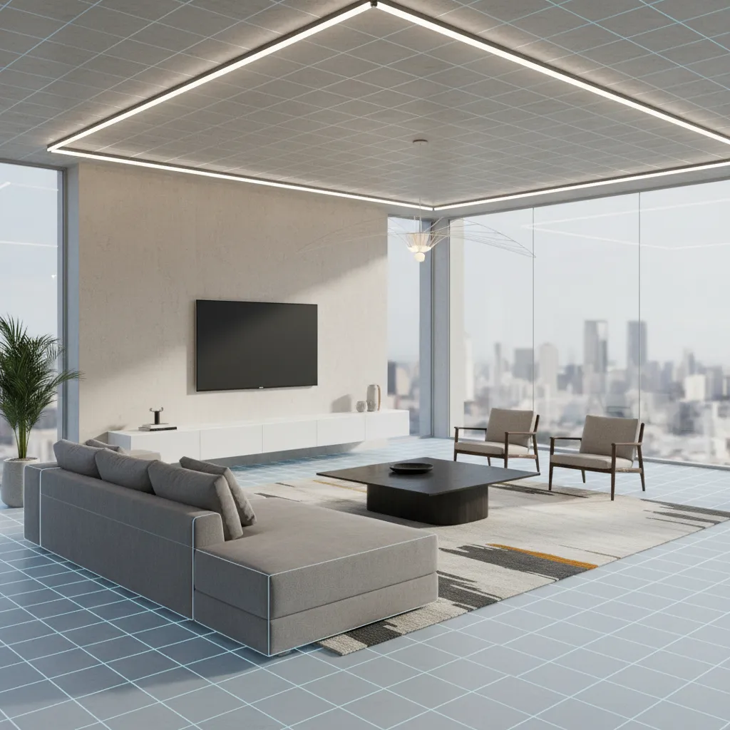 Modern living room with grey sofa and chairs featuring blue grid lines for room layout