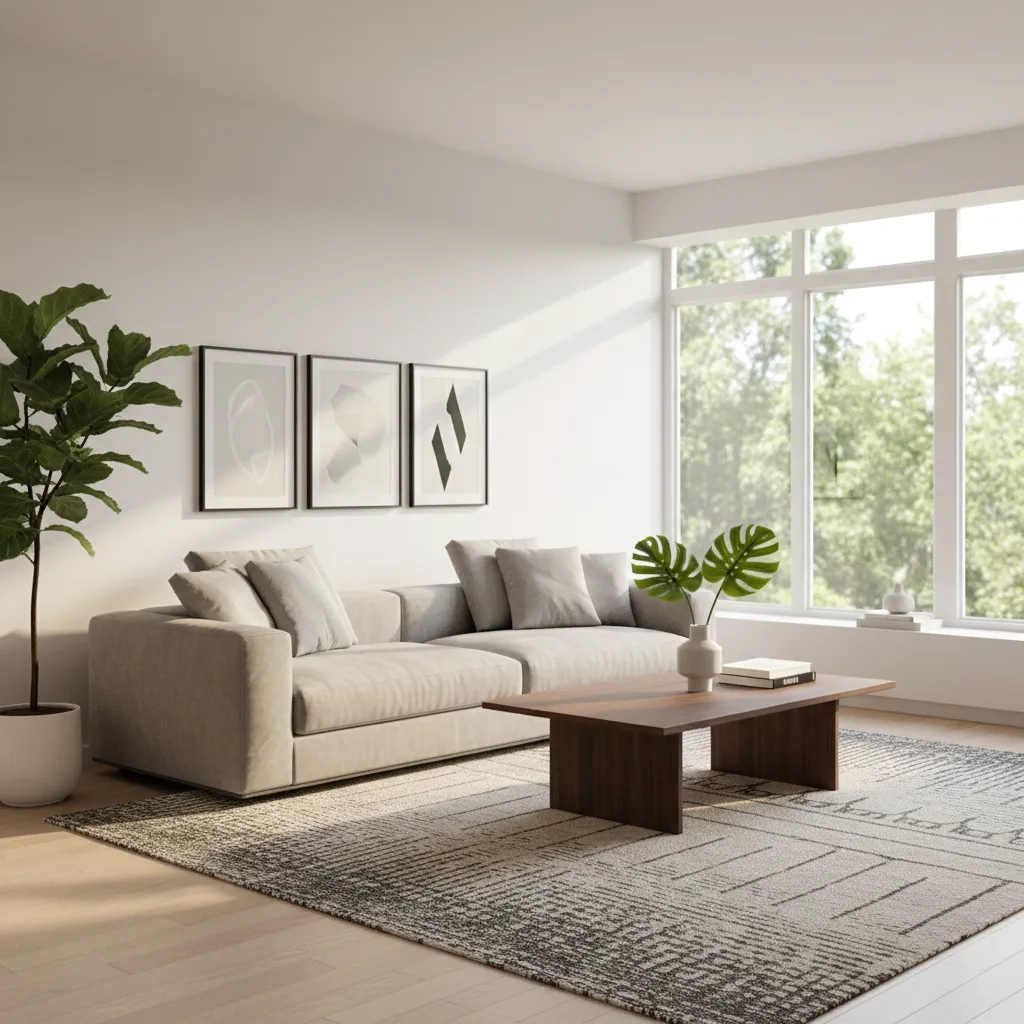 salón moderno visualizado en render 3D con sofá, mesa y decoración