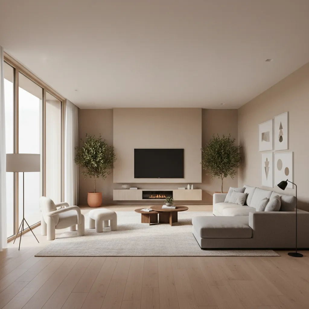 Minimalist living room interior design drawing with grey sofa wooden floor television fireplace and plants