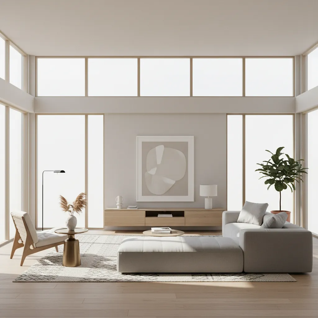 Render 3D de un salón moderno diseñado por interiorista