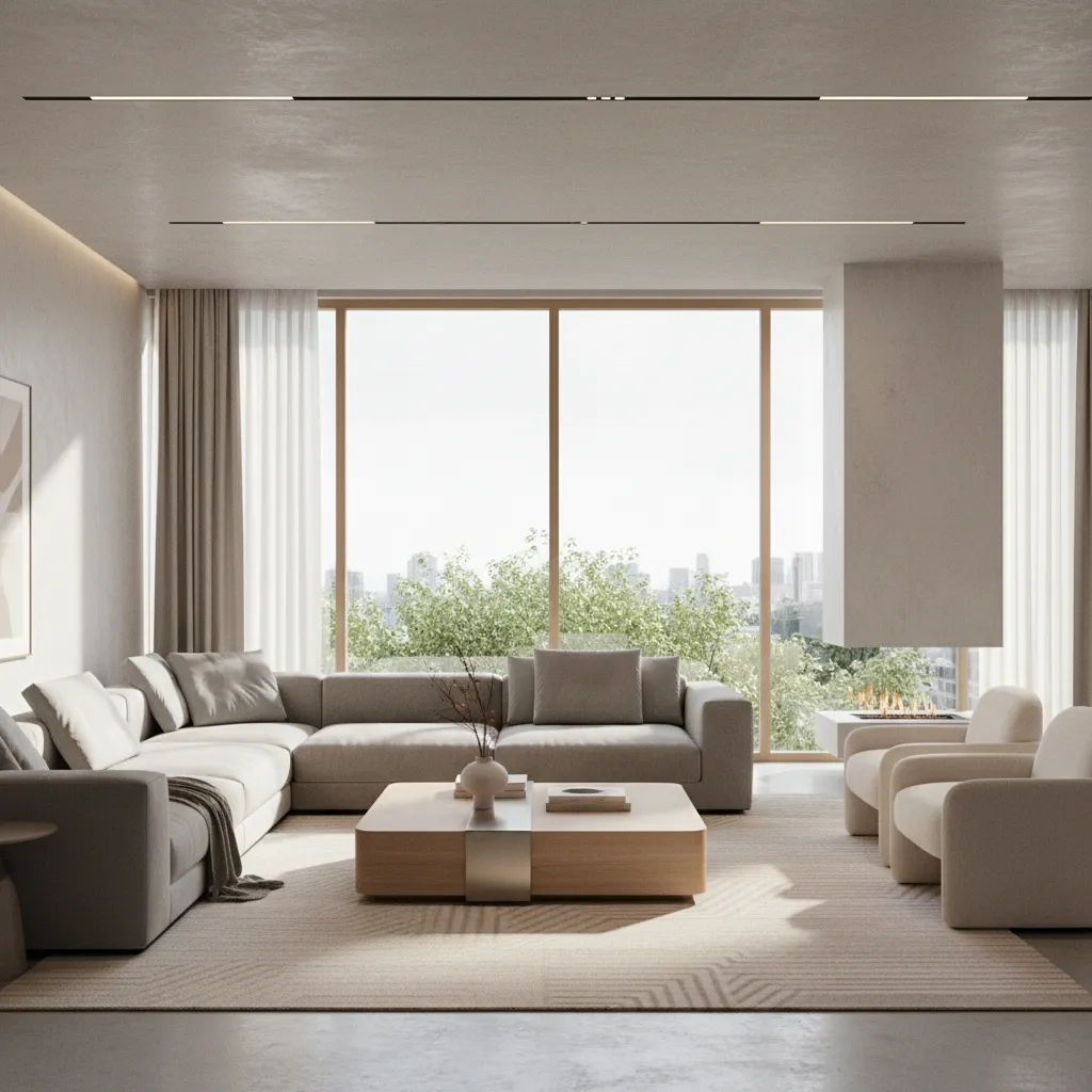 visualización 3D de un salón moderno generada con software de diseño interior