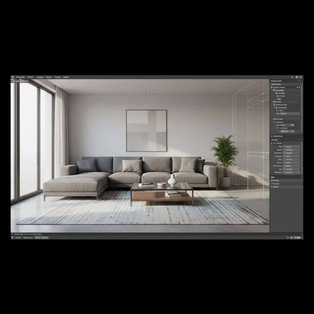 Modelo 3D de un salón moderno dentro de una herramienta de diseño