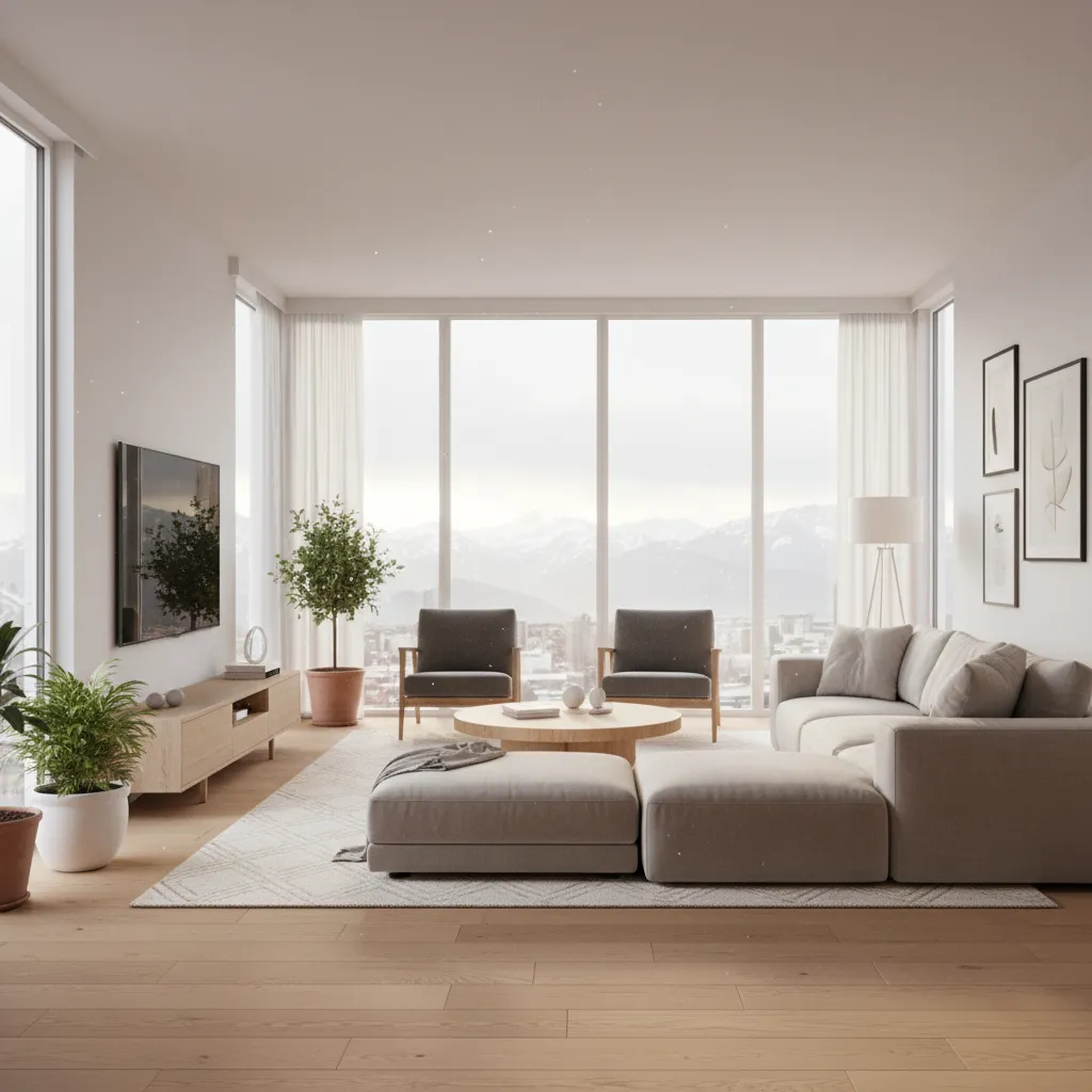 Visualización 3D de un salón moderno creada con software de diseño