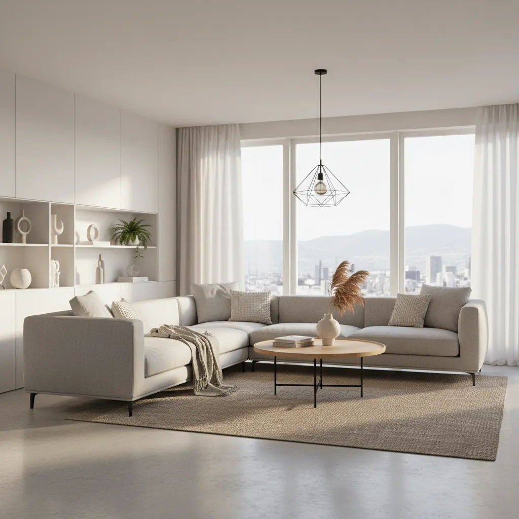 Visualización 3D de un salón moderno creado con software de diseño