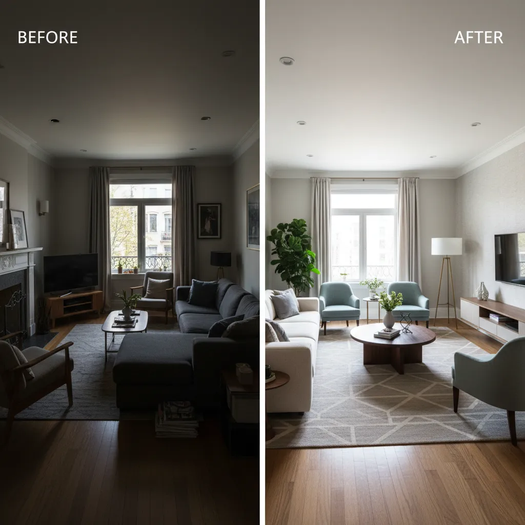 Comparación de distribución de un salón antes y después del rediseño