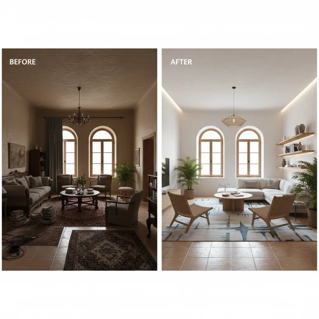 Comparación conceptual de distribución de salón antes y después del rediseño