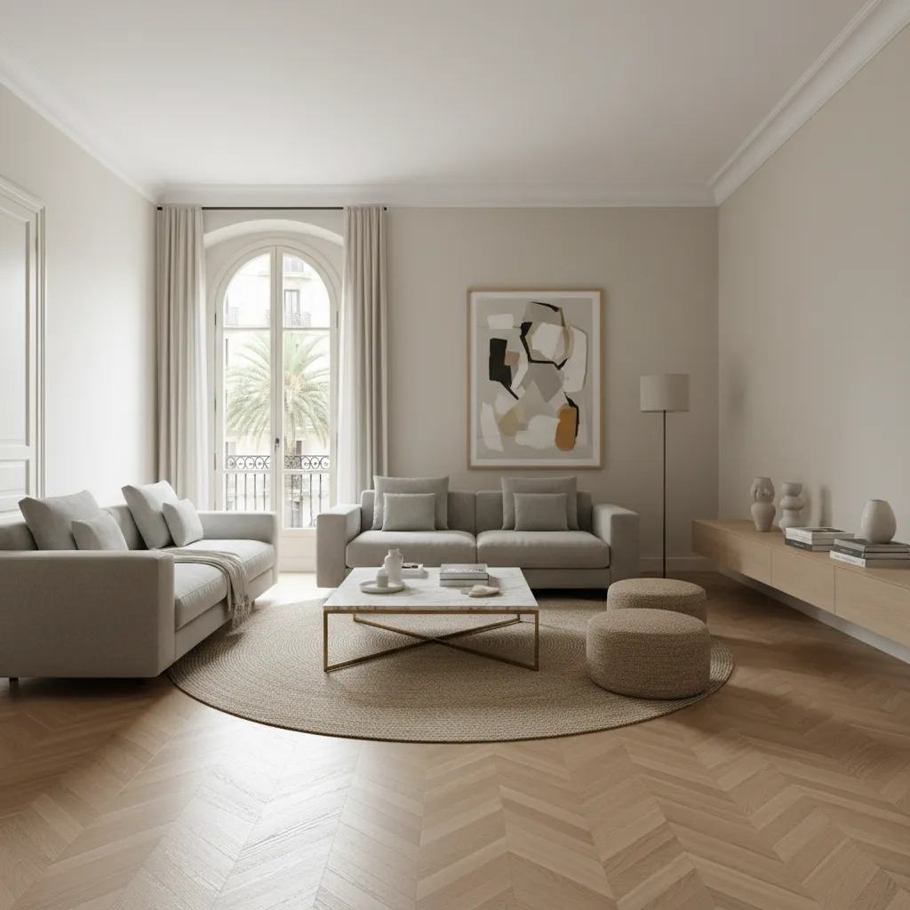 Salón bien distribuido en un piso de Barcelona