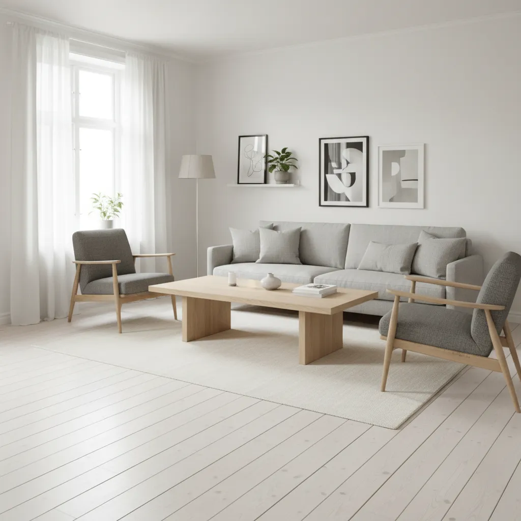 Salón moderno con distribución equilibrada y espacio amplio para circulación