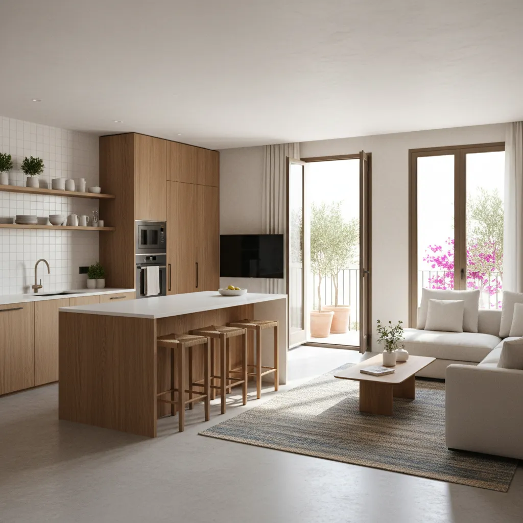 Salón con cocina abierta en un proyecto de reforma interior