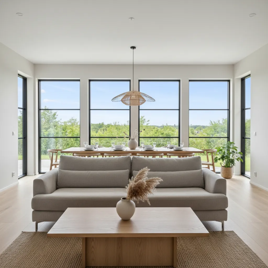 Modern living room with grey sofa wooden coffee table large windows and wooden dining set