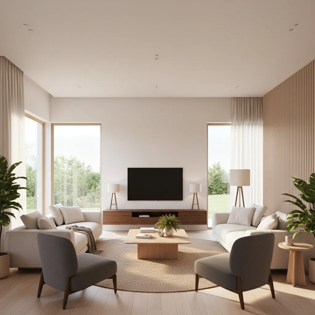 Modern living room with white sofas grey chairs wooden coffee table wall panel and television